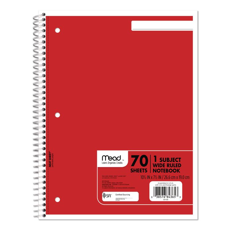 Spiral Notebook, 1-Subject, Wide/Legal Rule, Assorted Cover Colors, (70) 10.5 x 8 Sheets, 6/Pack