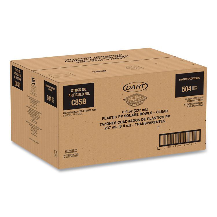 Square Plastic Bowls, 8 oz, 8.5 x 8.5 x 1.51, Clear, Plastic, 63 Bowls/Sleeve, 8 Sleeves/Carton