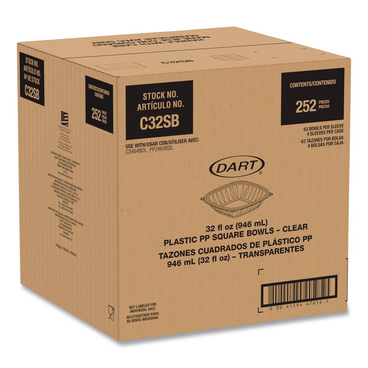 Square Plastic Bowls, 32 oz, 5 x 5 x 1.49, Clear, Plastic, 63 Bowls/Sleeve, 4 Sleeves/Carton