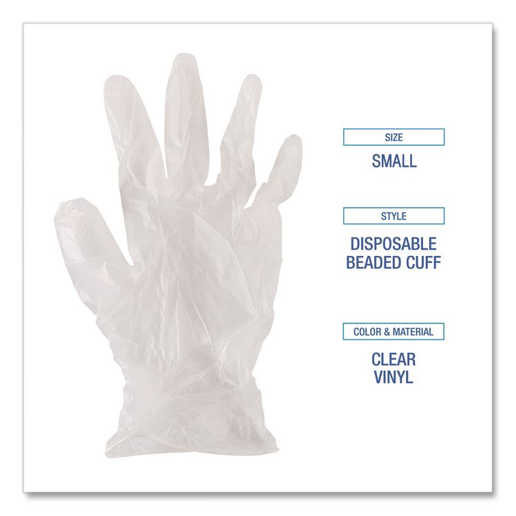 Exam Vinyl Gloves, Powder-Free, Small, 3.6 mil Thick, 9.5" Long, Clear, 100/Box, 10 Boxes/Carton