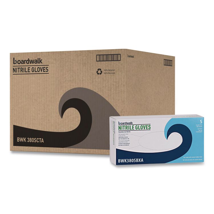 380 Series Disposable General-Purpose Nitrile Gloves, Powder-Free, Small, 4 mil Thick, 9.5" Long, Blue, 100/Box, 10 Boxes/CT