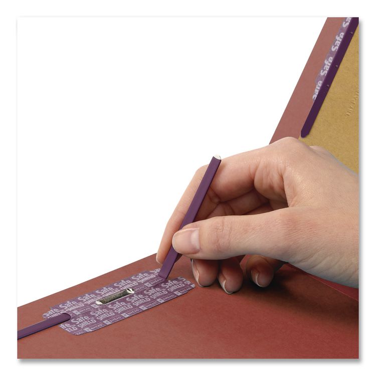Pressboard Classification Folders, Six SafeSHIELD Fasteners, 2/5-Cut Tabs, 2 Dividers, Letter Size, Red, 10/Box