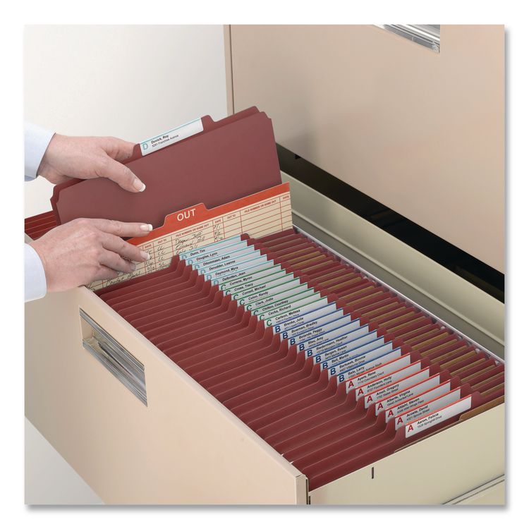 Pressboard Classification Folders, Six SafeSHIELD Fasteners, 2/5-Cut Tabs, 2 Dividers, Letter Size, Red, 10/Box