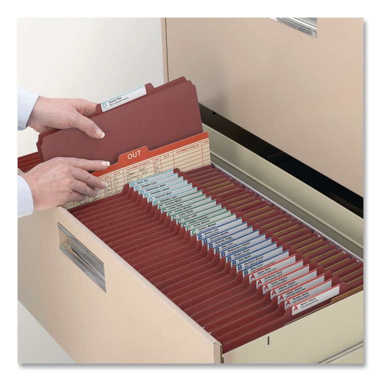 Pressboard Classification Folders, Eight SafeSHIELD Fasteners, 2/5-Cut Tabs, 3 Dividers, Letter Size, Red, 10/Box