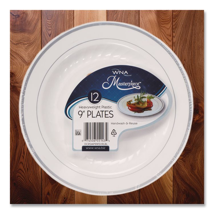Masterpiece Plastic Plates, 9" Dia, White/silver, 10/pack, 12 Packs/carton