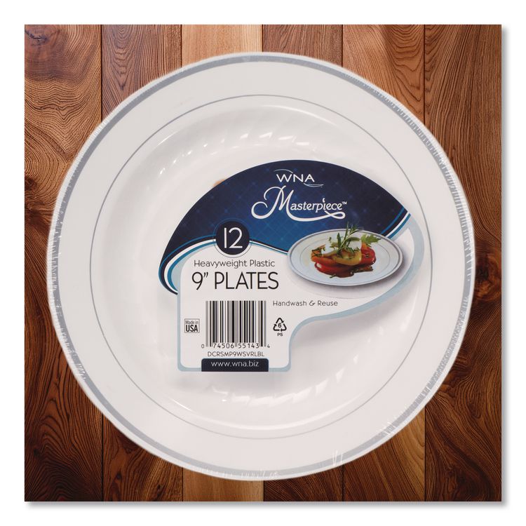Masterpiece Plastic Dinnerware, 9" Dia, White/silver, 10/pack