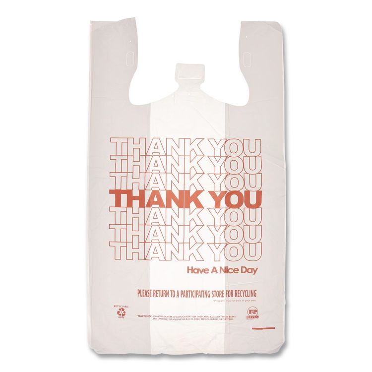 Thank You Bags, Thank You - Have a Nice Day Labeling, Cut-Out Handles, 11.5" x 6.5" x 21", White/Red, 1,000/Carton
