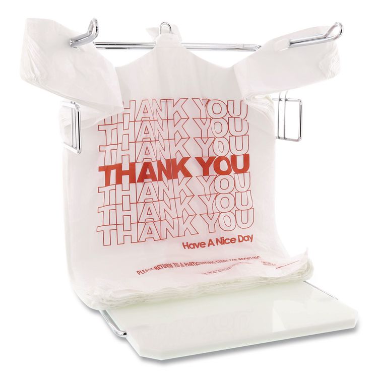 Thank You Bags, Thank You - Have a Nice Day Labeling, Cut-Out Handles, 11.5" x 6.5" x 21", White/Red, 1,000/Carton