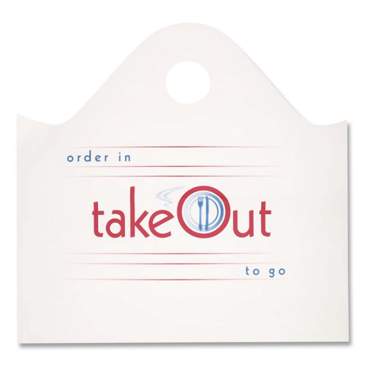 Wave Top To-Go Bags, Take-Out Labeling, Cut-Out Handles, 19" x 9.5" x 19", White/Blue/Red, 500/Carton