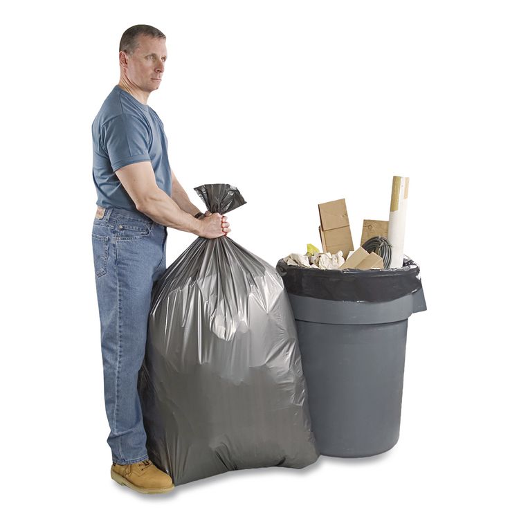 Can Liners, 60 gal, 1.55 mil, 39" x 56", Gray, 5 Bags/Roll, 5 Rolls/Carton