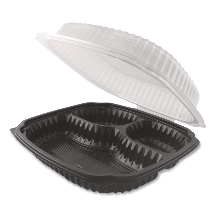 Culinary Lites Microwavable 3-Compartment Container, 20 oz/5 oz/5 oz, 9 x 9 x 3.13, Clear/Black, Plastic, 100/Carton