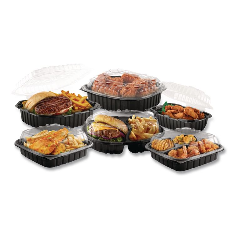 Culinary Lites Microwavable 3-Compartment Container, 20 oz/5 oz/5 oz, 9 x 9 x 3.13, Clear/Black, Plastic, 100/Carton
