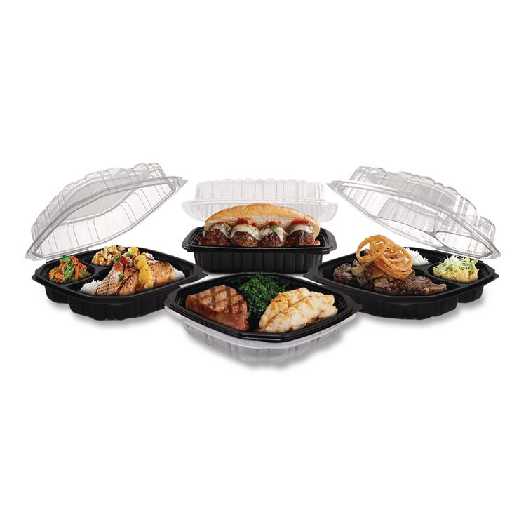 Culinary Lites Microwavable 3-Compartment Container, 20 oz/5 oz/5 oz, 9 x 9 x 3.13, Clear/Black, Plastic, 100/Carton