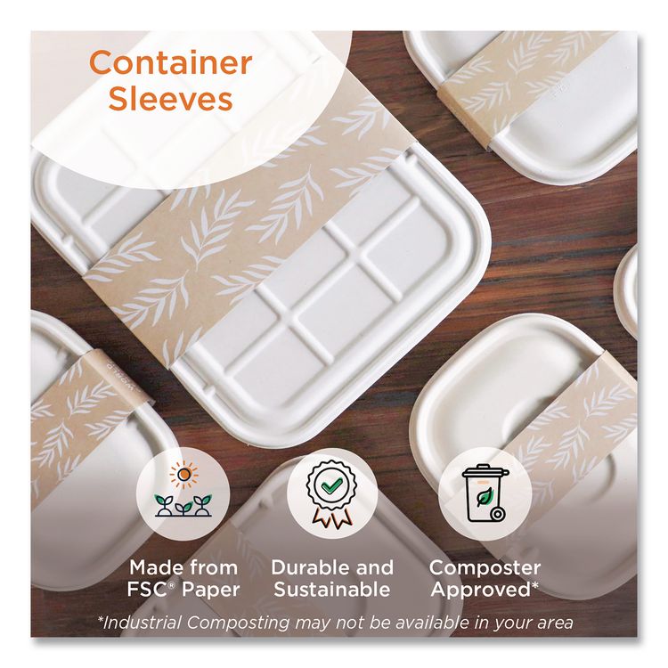 Fiber Container Sleeves, World Centric Leaf Design, 7.5 x 10 x 3.25, Natural, Paper, 800/Carton