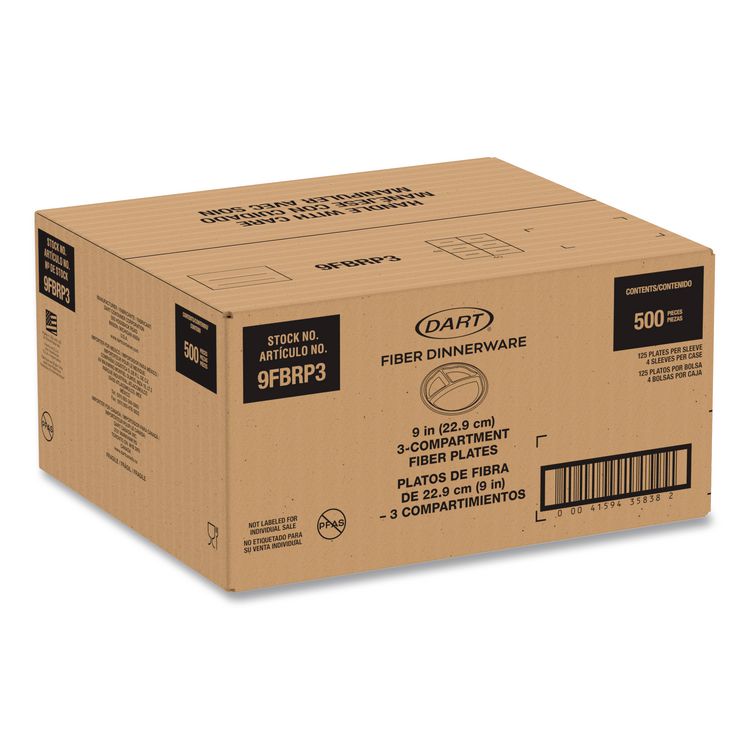 Compostable Molded Fiber Dinnerware, ProPlanet Seal, 3-Compartment Plate, 9" dia, Natural, 500/Carton