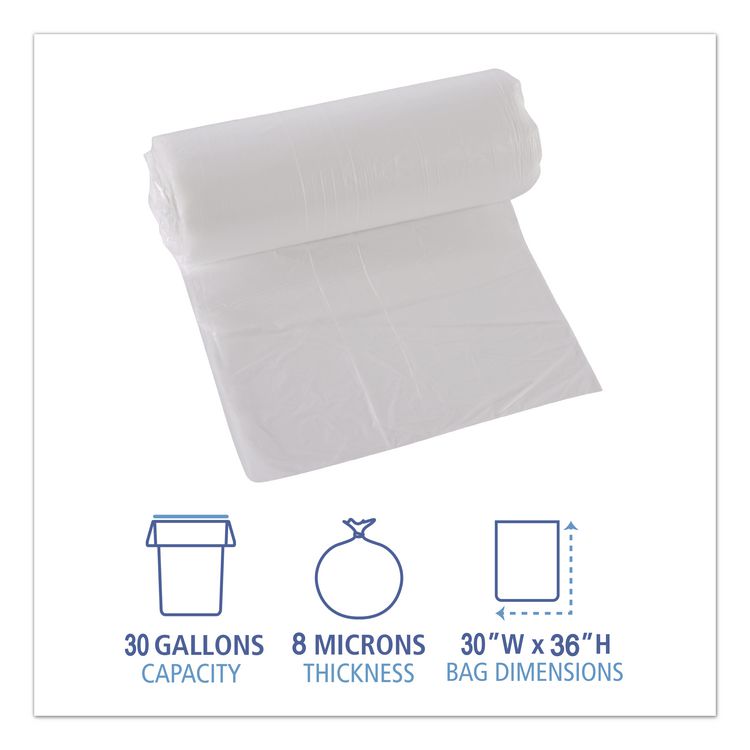 High-Density Can Liners, 30 gal, 8 mic, 30" x 36", Natural, Perforated Roll, 25 Bags/Roll, 20 Rolls/Carton