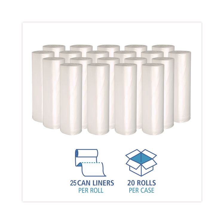 High-Density Can Liners, 30 gal, 10 mic, 30" x 36", Natural, Perforated Roll, 25 Bags/Roll, 20 Rolls/Carton
