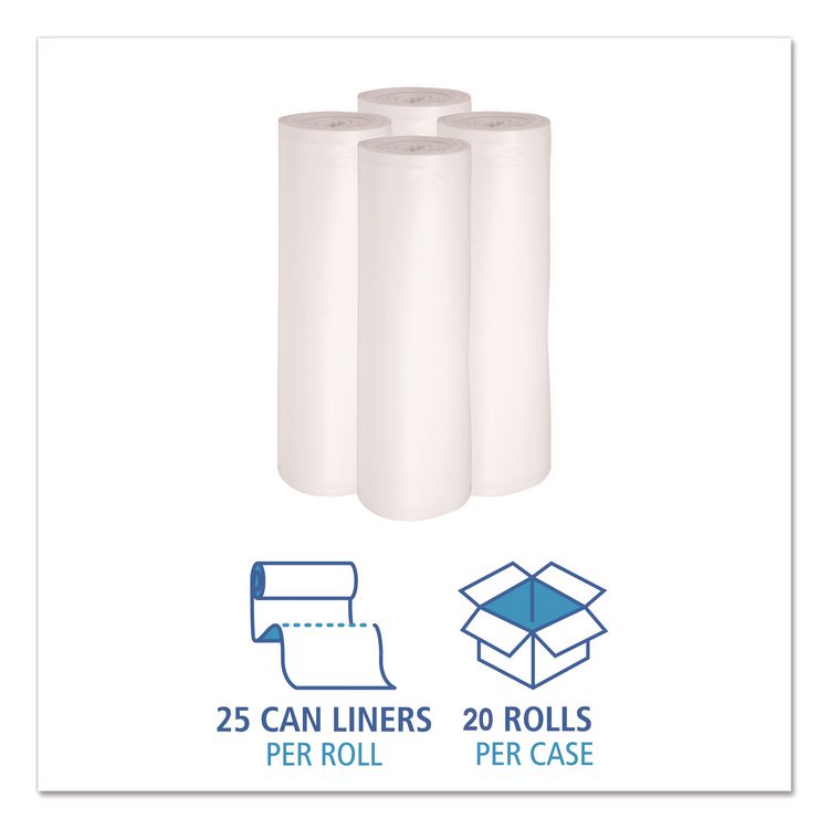 High-Density Can Liners, 30 gal, 10 mic, 30" x 36", Natural, Perforated Roll, 25 Bags/Roll, 20 Rolls/Carton