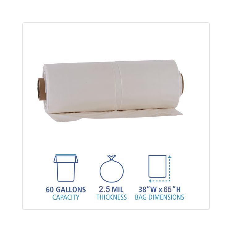 Industrial Drum Liners Rolls, 60 gal, 2.5 mil, 38" x 65", Clear, 50/Carton
