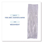 Four-Piece Cutlery Kit, Mediumweight, Fork/Knife/Napkin/Spoon, Plastic, White, 250/Carton