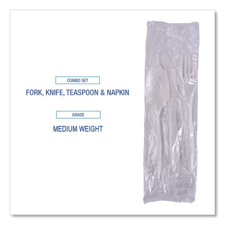 Four-Piece Cutlery Kit, Mediumweight, Fork/Knife/Napkin/Spoon, Plastic, White, 250/Carton