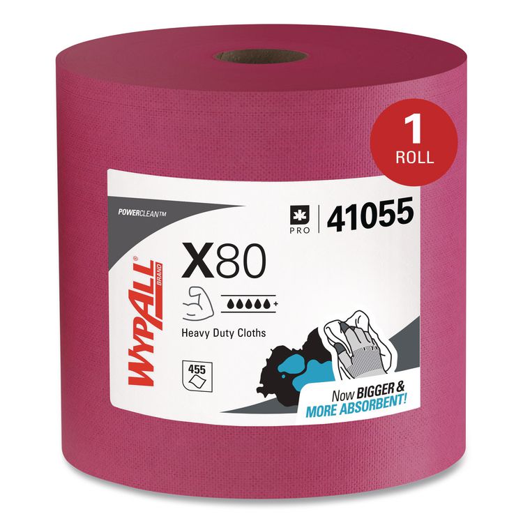 Power Clean X80 Heavy Duty Cloths, Jumbo Roll, 12.4 x 12.2, Red, 475 Wipers/Roll
