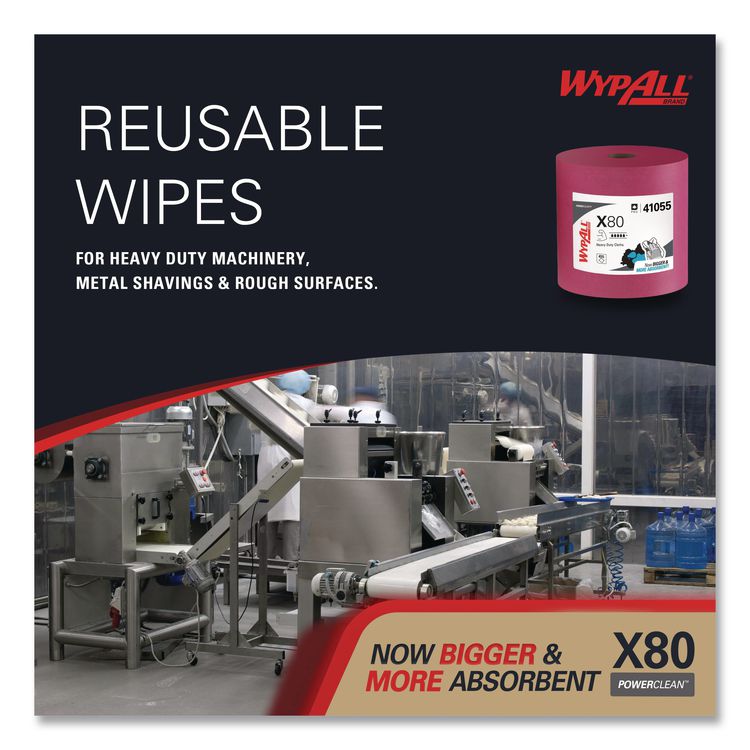 Power Clean X80 Heavy Duty Cloths, Jumbo Roll, 12.4 x 12.2, Red, 475 Wipers/Roll