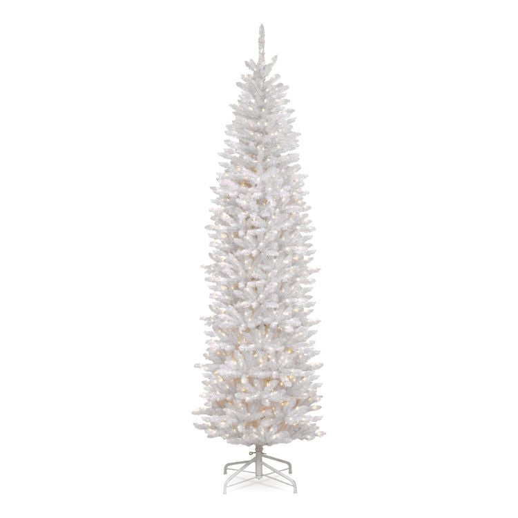 Pre-Lit Kingswood Fir Pencil Slim Tree, 35" x 35" x 108", White Tree, White Tree Stand
