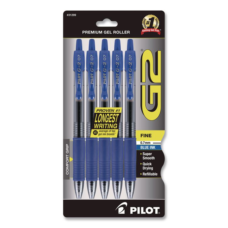 G2 Premium Gel Pen, Retractable, Fine 0.7 mm, Blue Ink, Smoke/Blue Barrel, 5/Pack