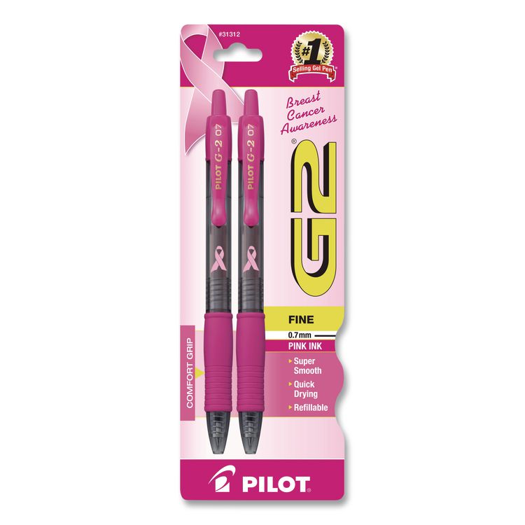 G2 Premium Breast Cancer Awareness Gel Pen, Retractable, Fine 0.7 mm, Pink Ink, Smoke/Pink Barrel, 2/Pack