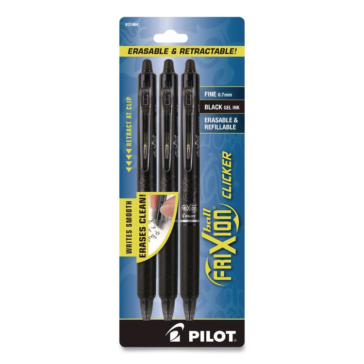 FriXion Ball Clicker Erasable Gel Pen, Retractable, Fine 0.7 mm, Black Ink, Black Barrel, 3/Pack