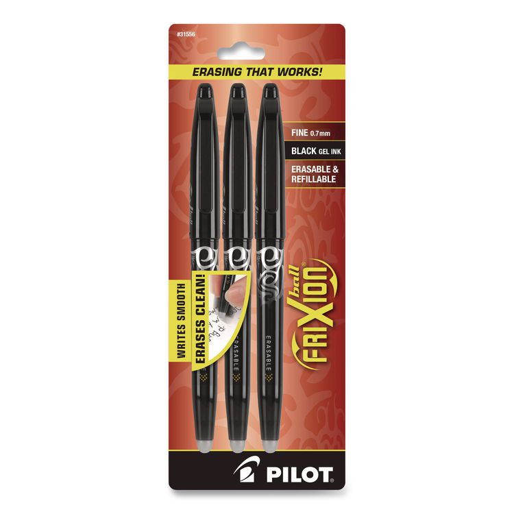 FriXion Ball Erasable Gel Pen, Stick, Fine 0.7 mm, Black Ink, Black Barrel, 3/Pack