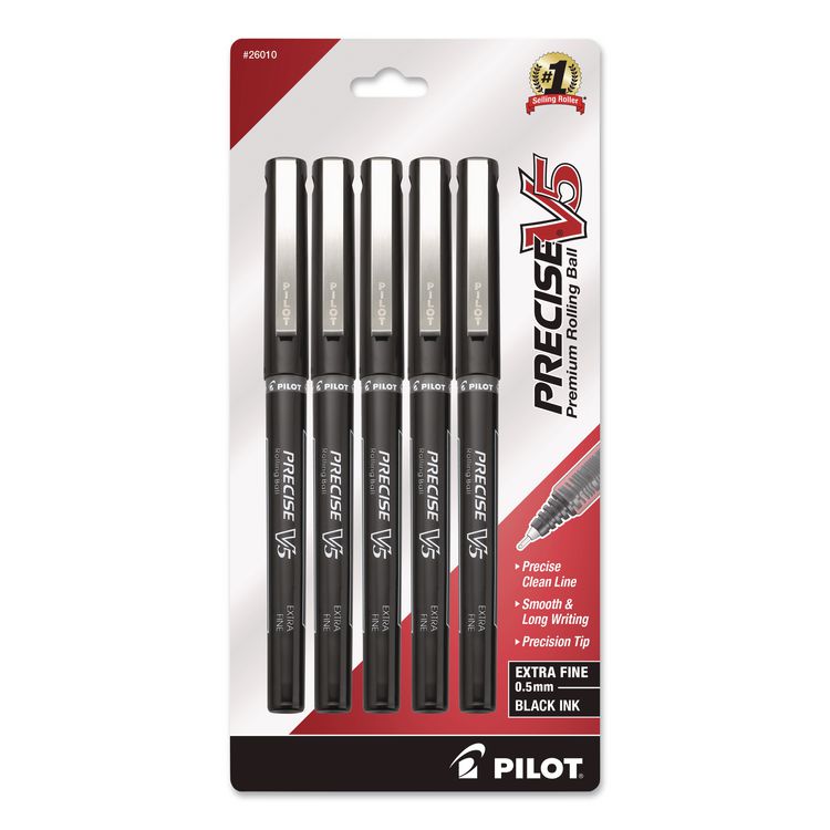 Precise V5 Rollerball Pen, Stick, Extra-Fine 0.5 mm, Black Ink, Black/Clear Barrel, 5/Pack
