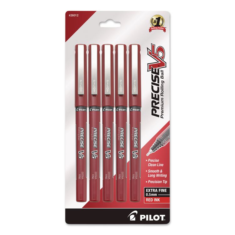 Precise V5 Rollerball Pen, Stick, Extra-Fine 0.5 mm, Red Ink, Red/Clear Barrel, 5/Pack