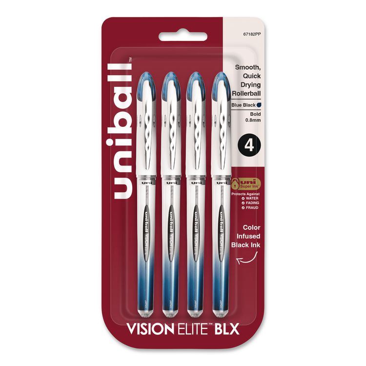 VISION ELITE BLX Series Hybrid Gel Pen, Stick, Bold 0.8 mm, Blue-Infused Black Ink, White/Blue/Clear Barrel, 4/Pack