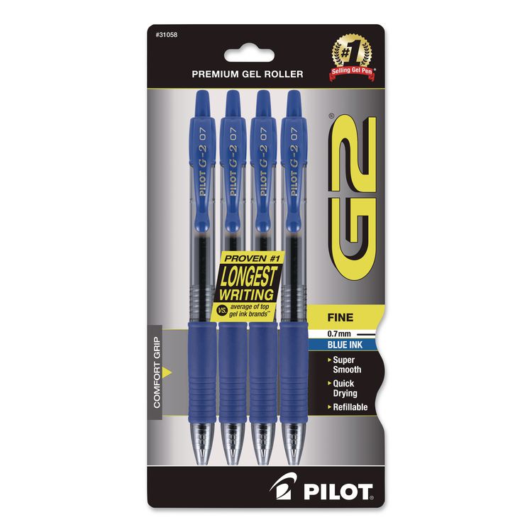 G2 Premium Gel Pen, Retractable, Fine 0.7 mm, Blue Ink, Smoke/Blue Barrel, 4/Pack