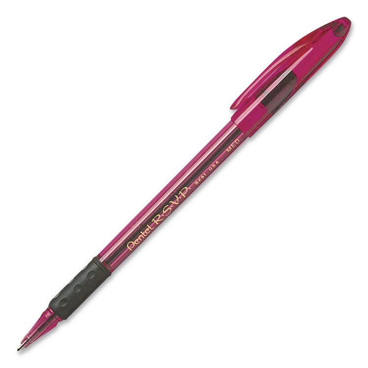 R.S.V.P. Razzle-Dazzle Pink Ribbon Ballpoint Pen, Stick, Medium 1 mm, Black Ink, Translucent Red Barrel, 5/Pack