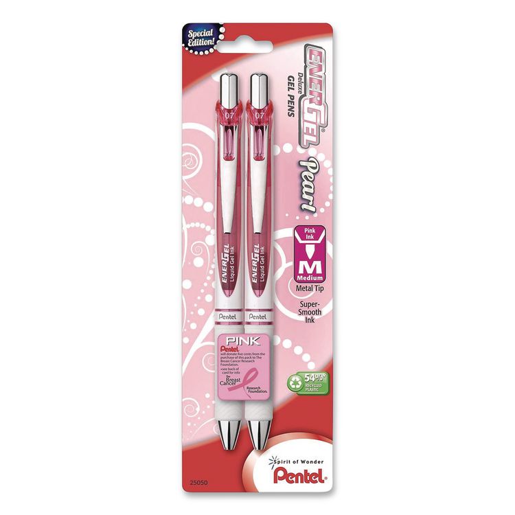 EnerGel Pearl Deluxe Pink Special Edition Liquid Gel Pen, Retractable, Medium 0.7 mm, Pink Ink, White Pearl/Pink Barrel, 2/PK