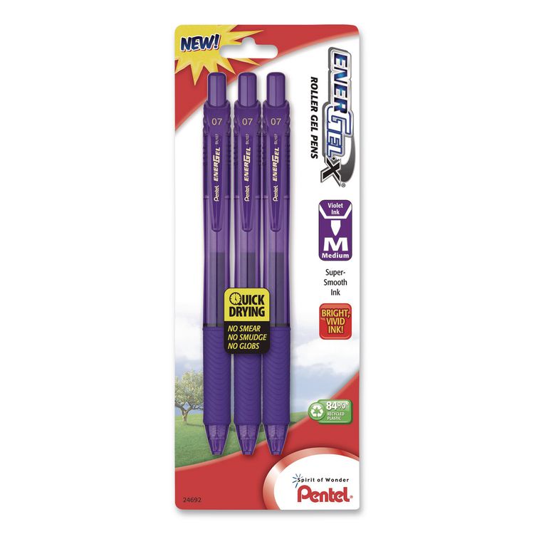 EnerGel-X Gel Pen, Retractable, Medium 0.7 mm, Violet Ink, Translucent Violet/Violet Barrel, 3/Pack