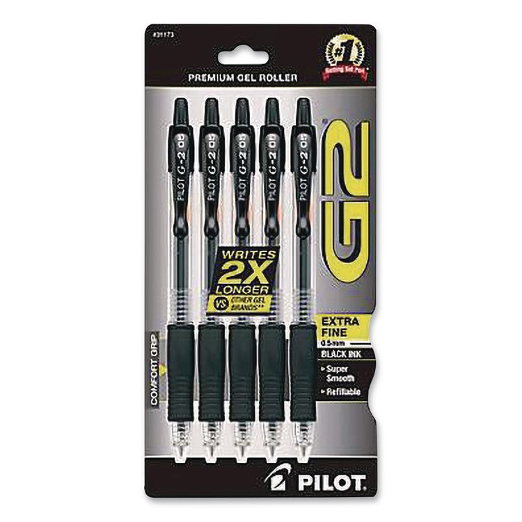 G2 Premium Gel Pen, Retractable, Extra-Fine 0.5 mm, Black Ink, Clear/Black Barrel, 5/Pack