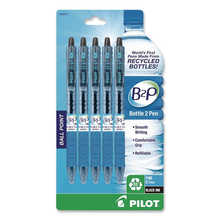 B2P Bottle-to-Pen Recycled Ballpoint Pen, Retractable, Fine 0.7 mm, Black Ink, Translucent Blue Barrel, 5/Pack