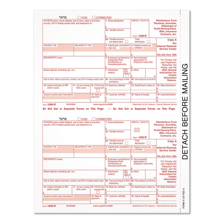 2023 1099-R Tax Form, 1 Part, Federal Copy, 2 Forms/Sheet, 50 Forms Total