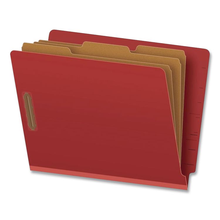 Colored Pressboard End Tab Classification Folders, 3.5" Expansion, 3 Dividers, 8 Fasteners, Letter Size, Red, 50/Box
