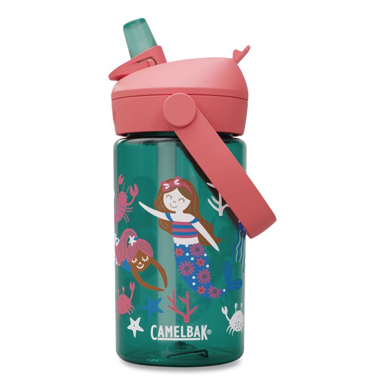 Thrive FlipStraw Plastic Water Bottle, 14 oz, Mermaid Friends, Green/Coral
