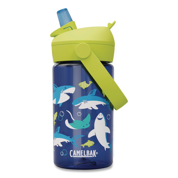 Thrive FlipStraw Plastic Water Bottle, 14 oz, Blue/Yellow, Sharks and Rays
