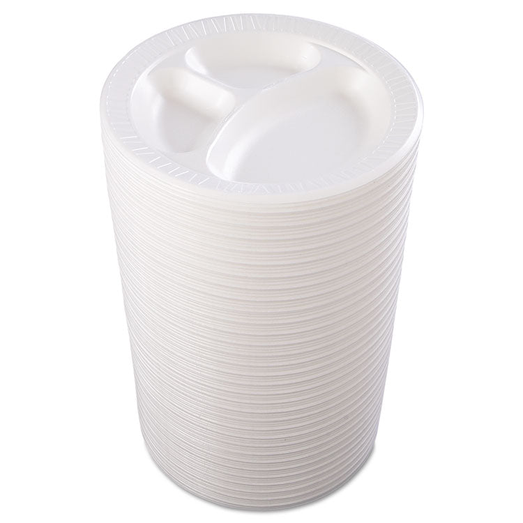 Quiet Class Laminated Foam Dinnerware, 3-Compartment Plate, 10.25" dia, White, 125/Pack, 4 Packs/Carton