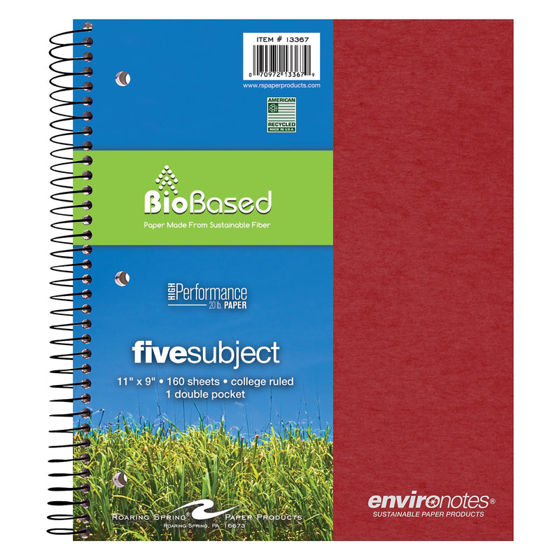 Roaring Spring Environotes 5-Subject Notebooks, 9" x 11", College Ruled, 160 Sheets, Assorted Colors, 12/Carton