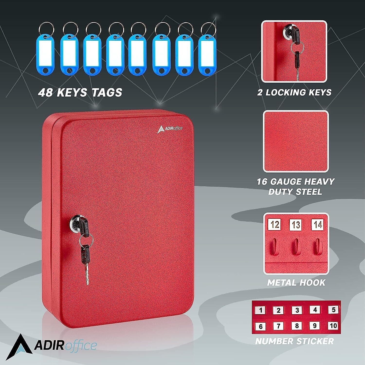 AdirOffice 48-Key Cabinet with Key Lock and Key Tags, Red (681-48-RED-PKG)