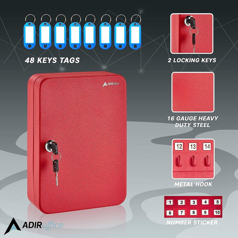 AdirOffice 48-Key Cabinet with Key Lock and Key Tags, Red (681-48-RED-PKG)