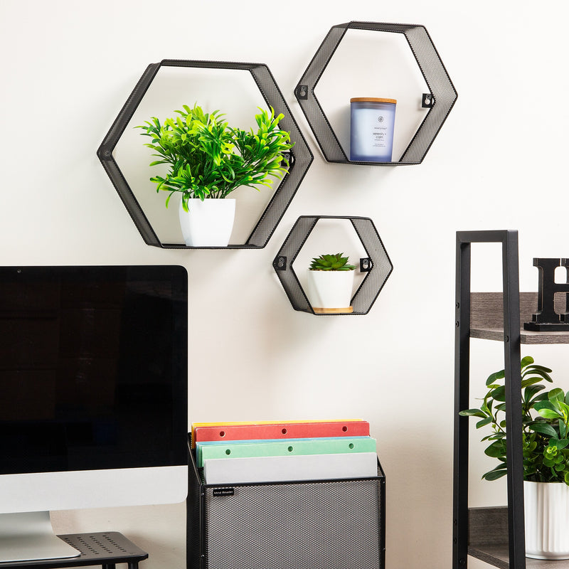 Mind Reader 3-Shelf Metal Honeycomb Hexagon Floating Shelves, Black, 3/Set (WALL3PC-BLK)